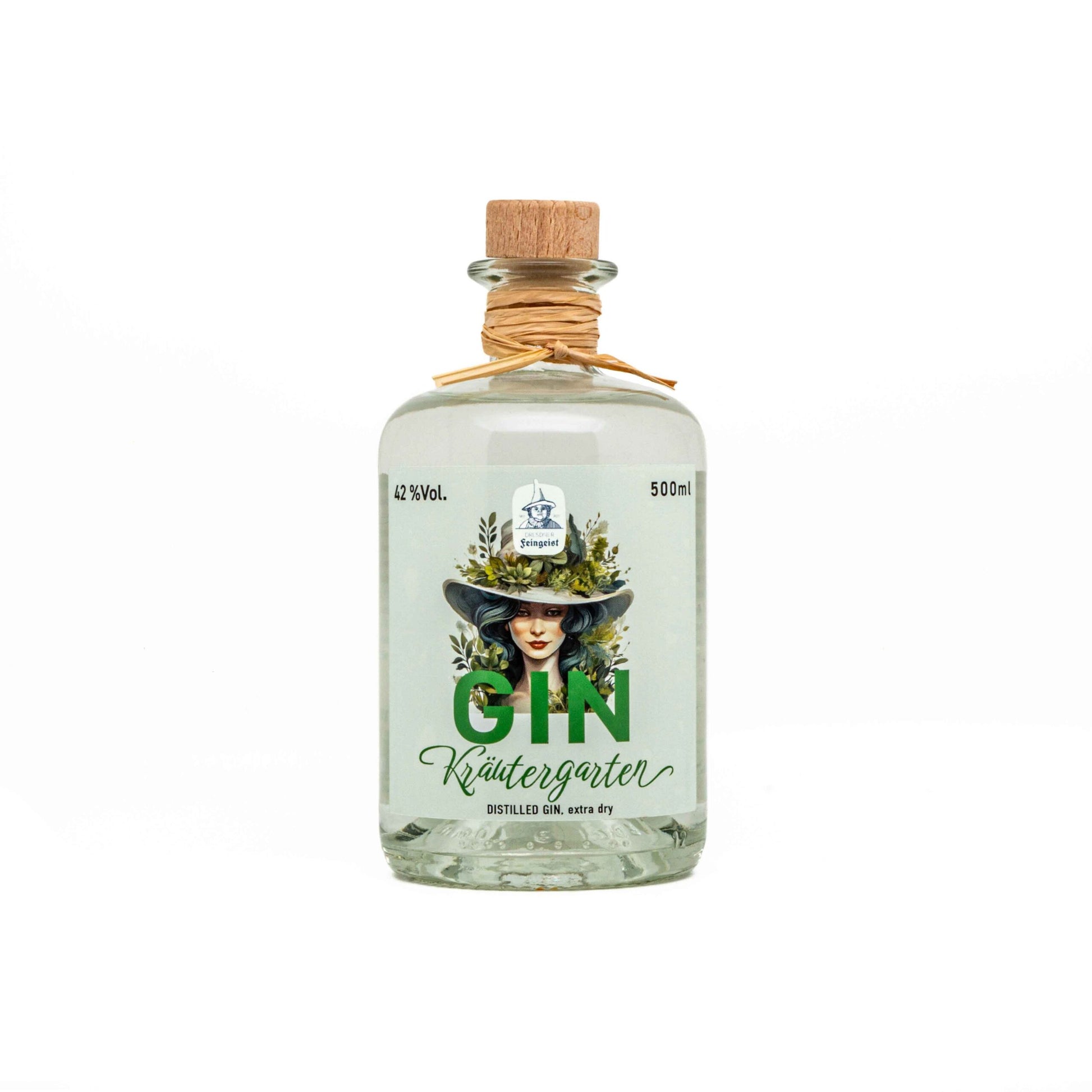 Freigestellte 500 ml-Flasche Dresdner Feingeist Gin ‘Kräutergarten’ mit 42 % Vol – florales Etikett mit Kräuterfrau und Naturmotiv.