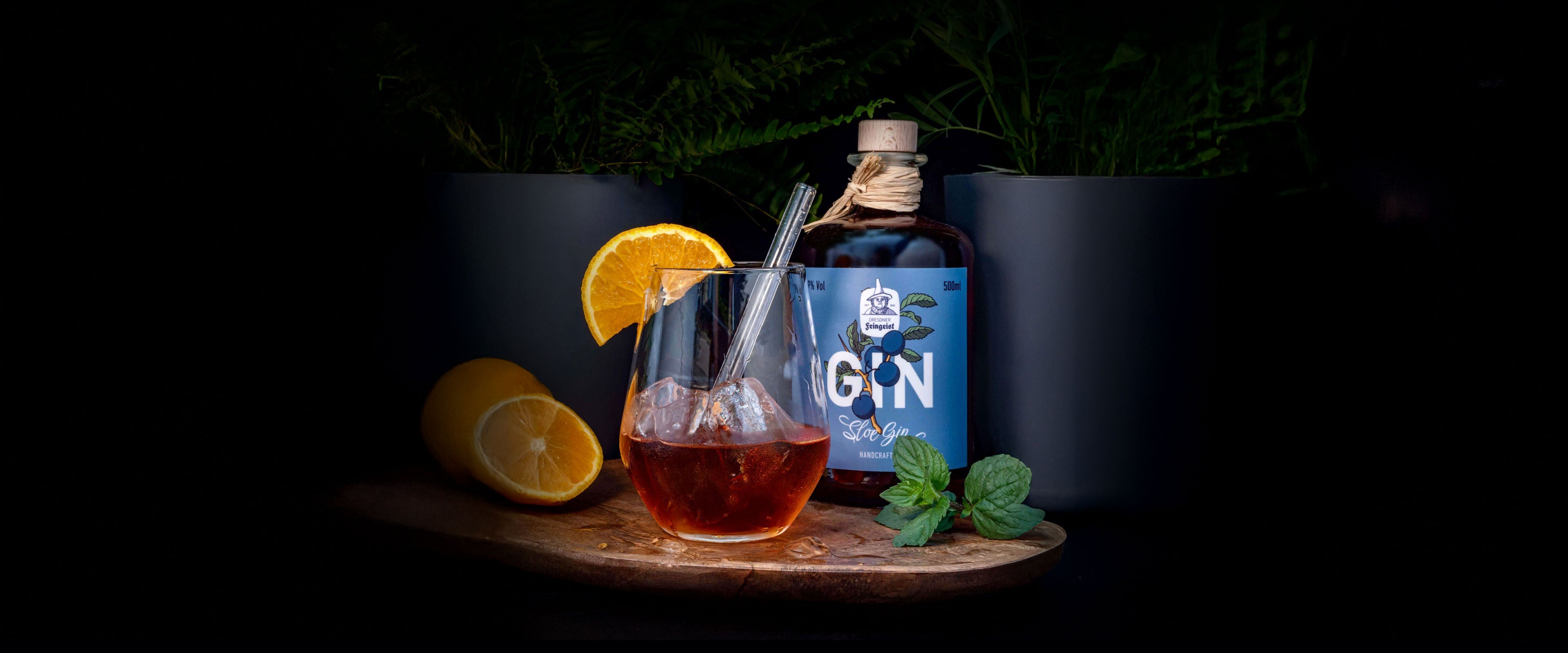 Ein Cocktailglas mit rötlichem Drink, Eiswürfeln, Metallstrohhalm und Orangenscheibe steht auf einem Holzbrett. Daneben liegen eine aufgeschnittene Zitrone und frische Minze. Im Hintergrund befindet sich eine Flasche „Sloe Gin“ von Dresdner Feingeist mit blauer Etikette, eingerahmt von zwei dunklen Pflanztöpfen mit grünem Blattwerk. Die Szene ist stilvoll in dunklem Ambiente ausgeleuchtet.