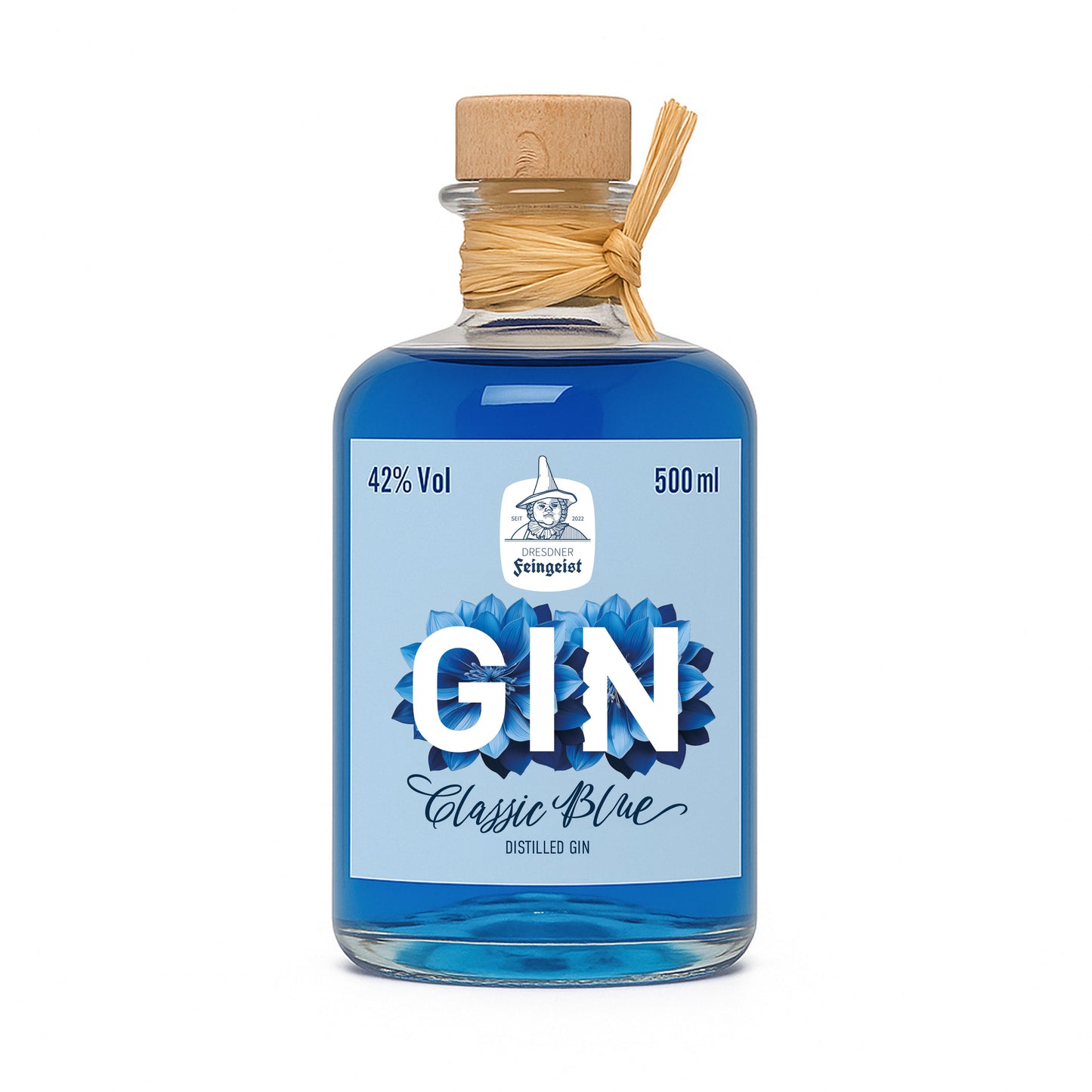 Eine Flaschen Dresdner Feingeist Classic Blue Gin in 100 ml Größe, auf weißem Hintergrund – mit leuchtend blauer Flüssigkeit und stilvollem Etikett mit Blütenmotiv.