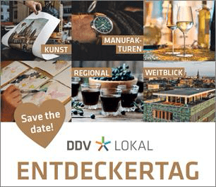 Werbegrafik für den „DDV Lokal Entdeckertag“ mit Collage aus sechs Bildern zu den Themen Kunst, Manufakturen, Genuss und Regionalität. In der Mitte steht „Save the date!“ auf einem Herz, unten der Veranstaltungstitel in Großbuchstaben.
