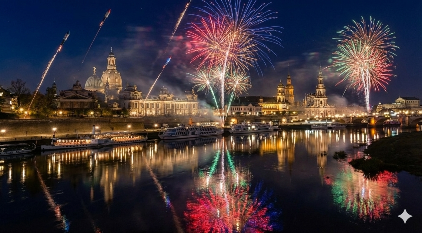 Nächtliches Feuerwerk über der Dresdner Altstadt mit beleuchteter Frauenkirche, Hofkirche und Semperoper, gespiegelt im ruhigen Wasser der Elbe.