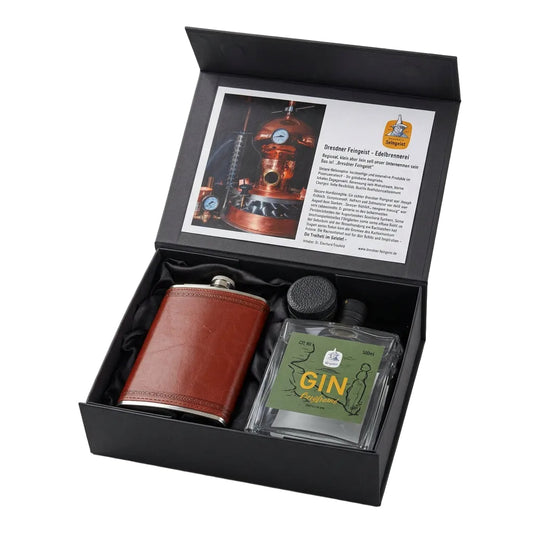 Geschenkbox-Box mit Flachmann und 500ml GIN Bergfreund