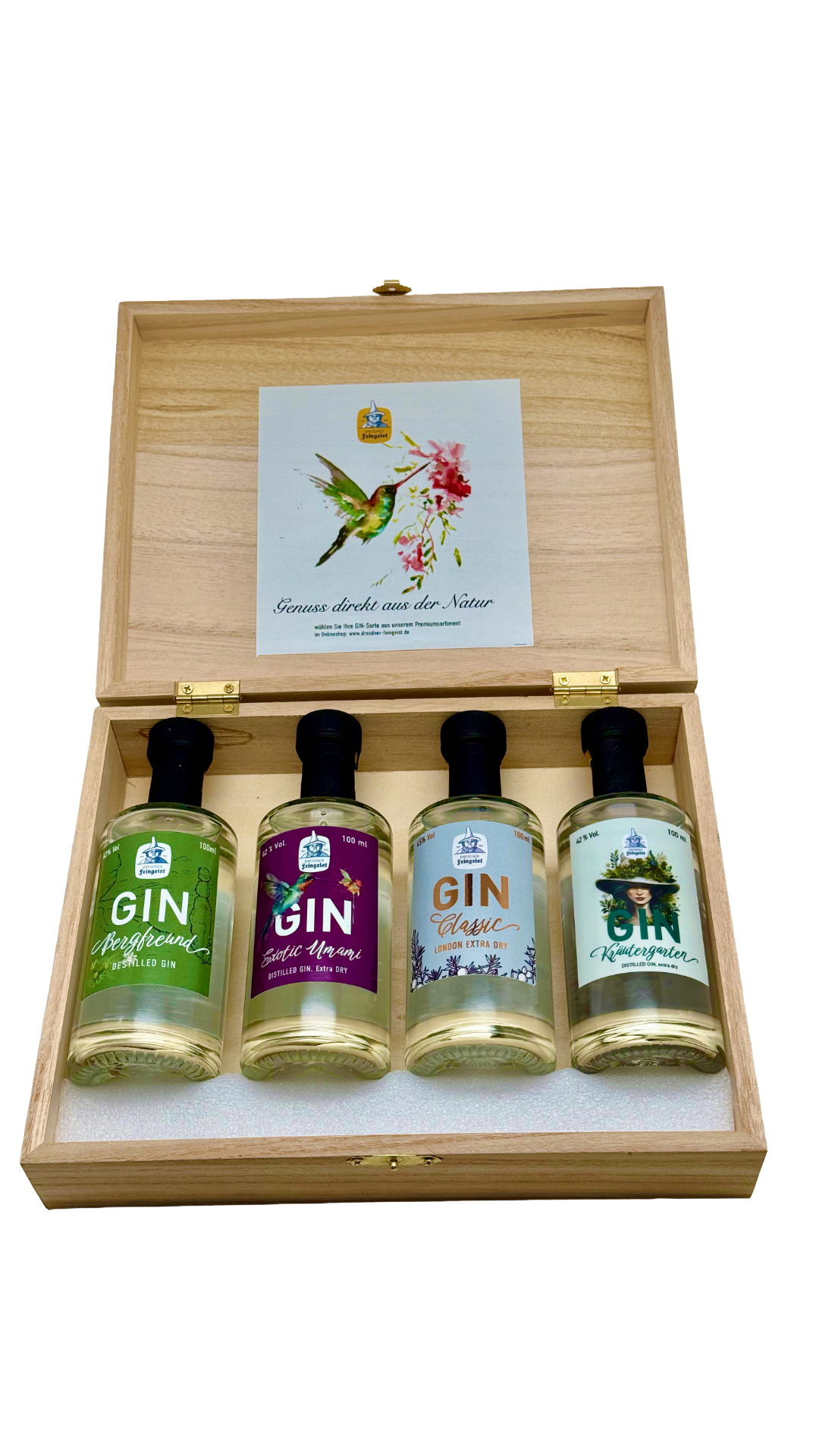 Tasting-Holzbox mit 4x100ml Gin-Sorten