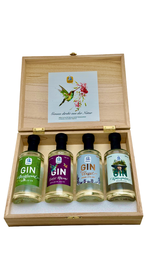 Tasting-Holzbox mit 4x100ml Gin-Sorten