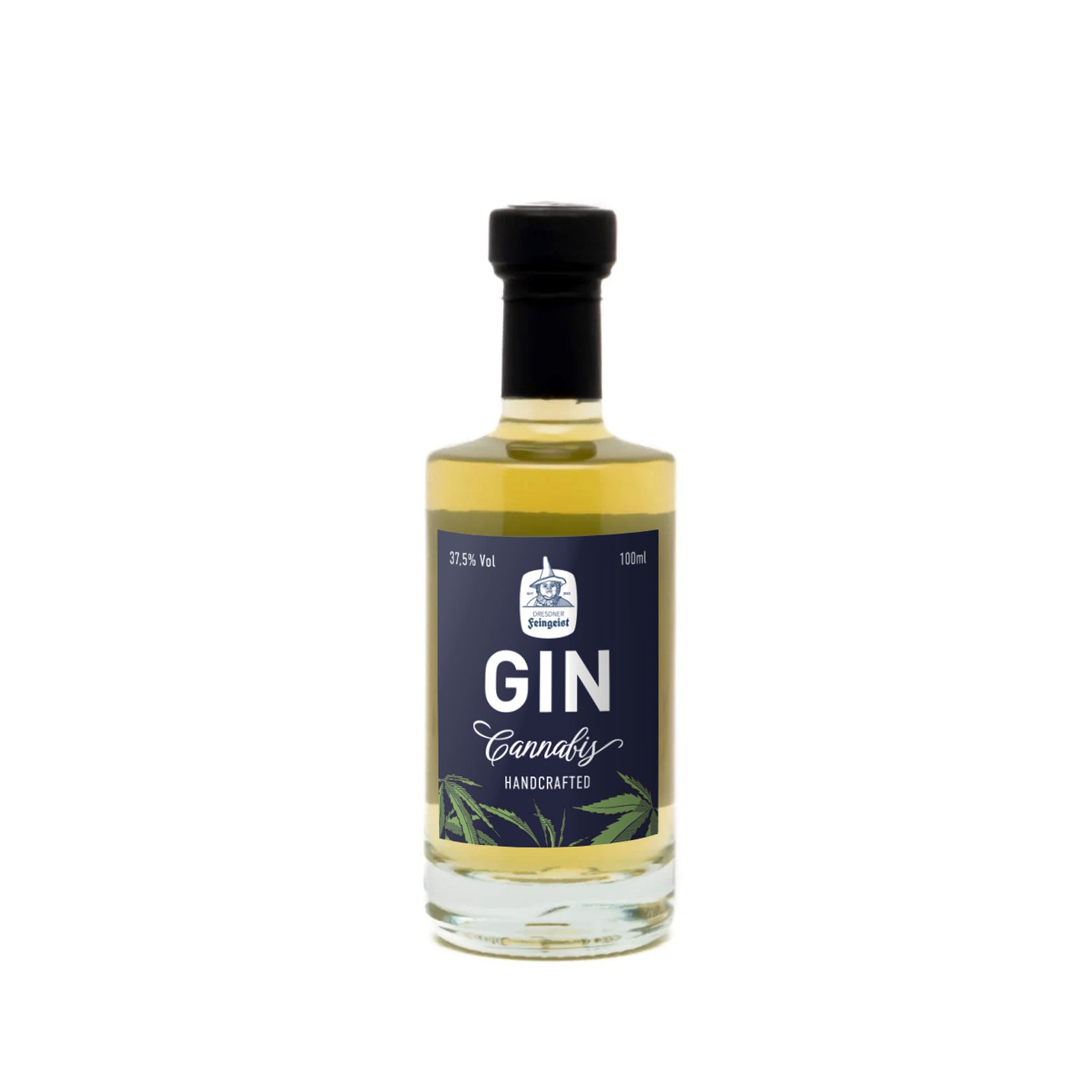 Eine Flasche Dresdner Feingeist Cannabis Gin vor weißem Hintergrund – eine kleinere 100 ml Flasche mit schwarzem Schraubverschluss.