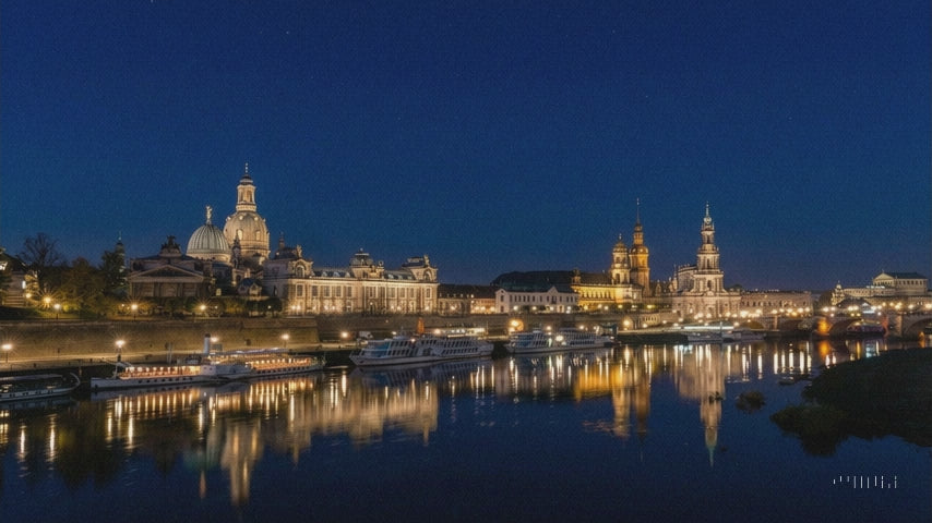 Video laden: Nächtliches Feuerwerk über der Dresdner Altstadt mit beleuchteter Frauenkirche, Hofkirche und Semperoper, gespiegelt im ruhigen Wasser der Elbe.
